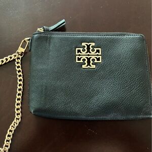 Tory Burch Black Leather Wristlet with Gold Chain